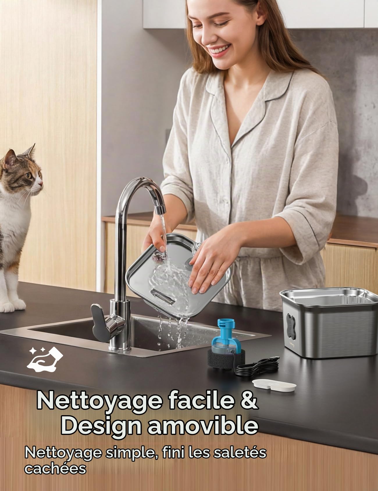 FEELNEEDY Fontaine a Eau Chat INOX 2,8L avec 6 Packs de Filtres et 6 Packs d'Éponges de Remplacement