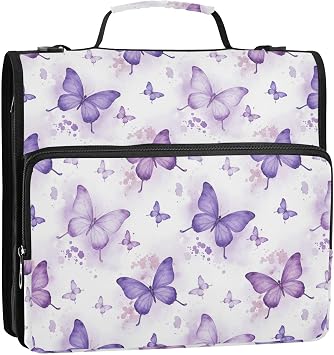 Butterfly Purple Watercolor 3 Ring Zipper Binder with Strap 1.5 inch 500 Sheet Capacity File Folder Storage Organizer