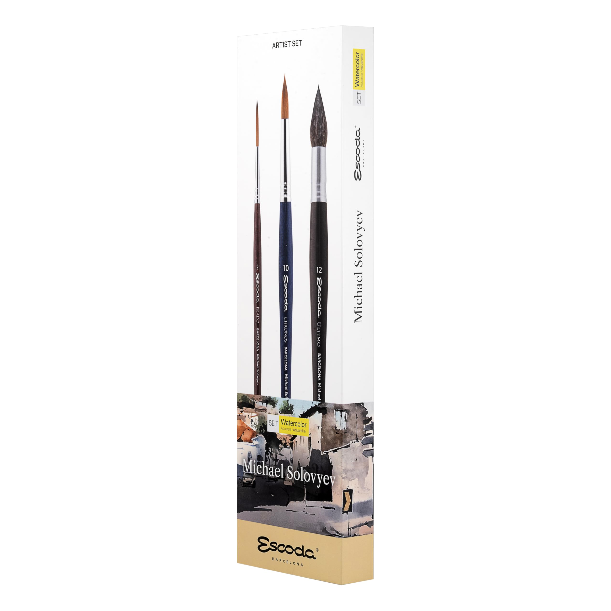 Escoda, Aquarell Künstler-Set Michael Solovyev, Größe 2, 10, 12, 3 Pinsel, Natur-Synthetik, Tame + Toray-RMix (90 % Gold-Toray – 10 % Rotmarder) + Tendo, Liner + Runder Spitzpinsel + Runder Mop-Pinsel
