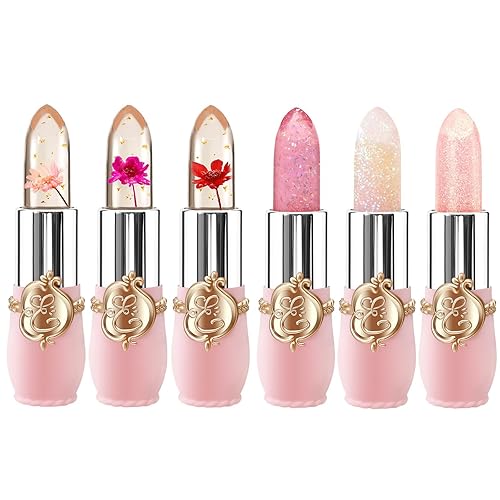 Juego de 6 lápices labiales de gelatina de flores, cambio de temperatura, hidratante de larga duración, bálsamo labial nutritivo brillante mágico