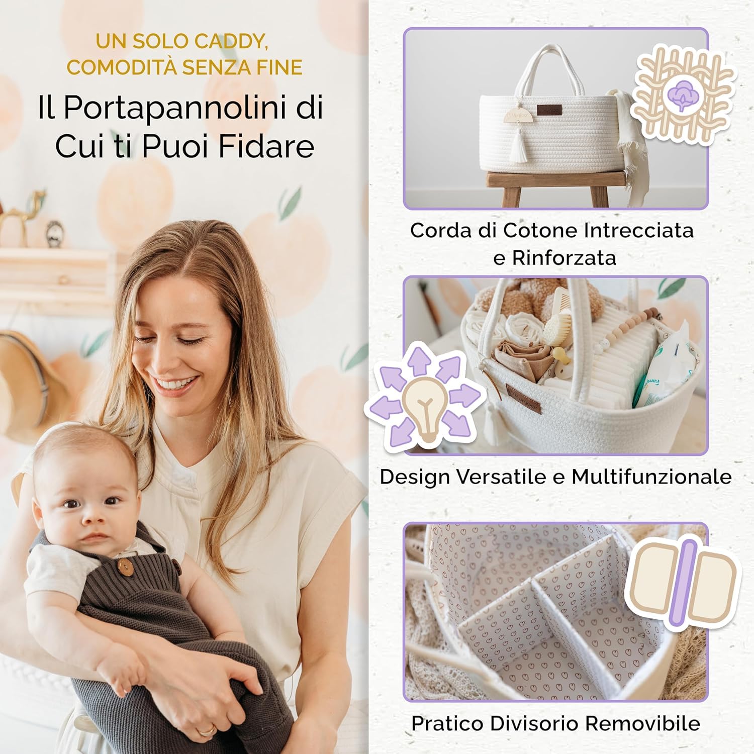 Yunioo Bundle Fasciatoio Neonato con Materassino Impermeabile + Organizer Cestino Porta Pannolini in Corda di Cotone – Set Fasciatoio Completo Regalo Nascita