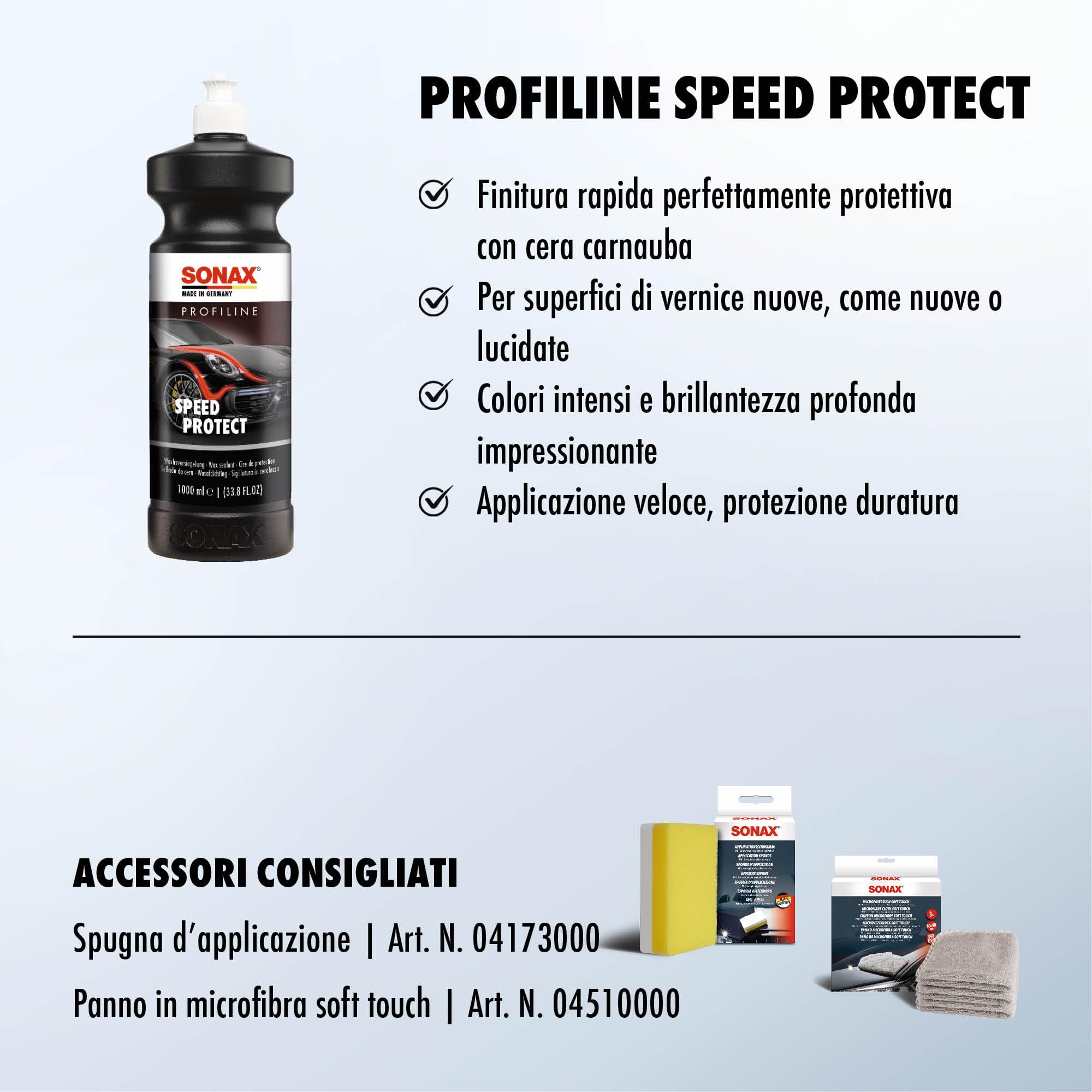 SONAX PROFILINE SpeedProtect (1 Litro) conservazion ad elevato contenuto di cera di carnauba. Per colori intensi e brillantezza profonda | Art.02884050