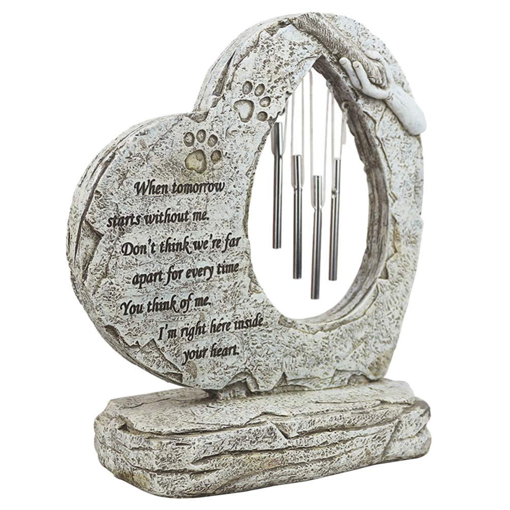 Cabilock Lápida conmemorativa para mascotas, con forma de corazón y carillón de viento, resina, para interior y exterior, jardín, patio, perro, gato, animales