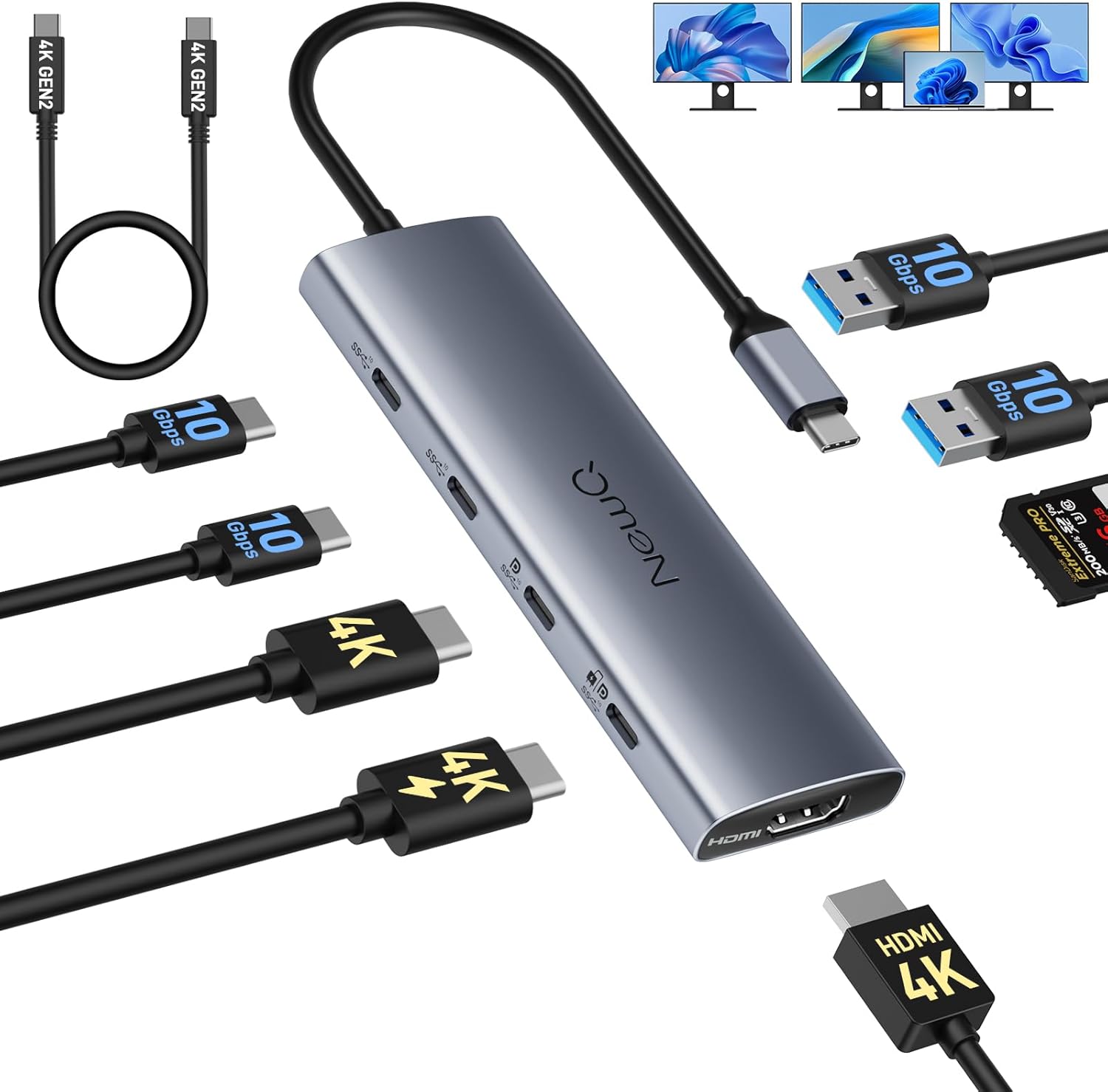 Versatile USB C Video Hub for Triple Monitor, USB-C PD Monitor, Thunderbolt Splitter DP Alt Dual 4K@30-60Hz, 10Gbps*6Ports, HDMI, SD4.0, Docking Station 3 Monitors with Type-C Video Cable