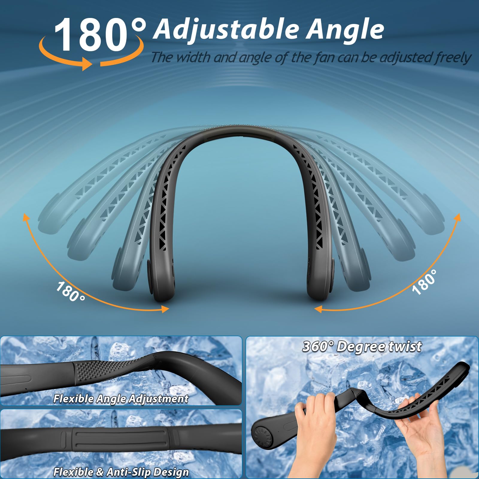 Ventilateur de cou portable, ventilateur mains libres sans pales, réglage à 3 vitesses, rechargeable, ventilateur de cou alimenté par USB pour la maison, le bureau, les voyages (Noir)