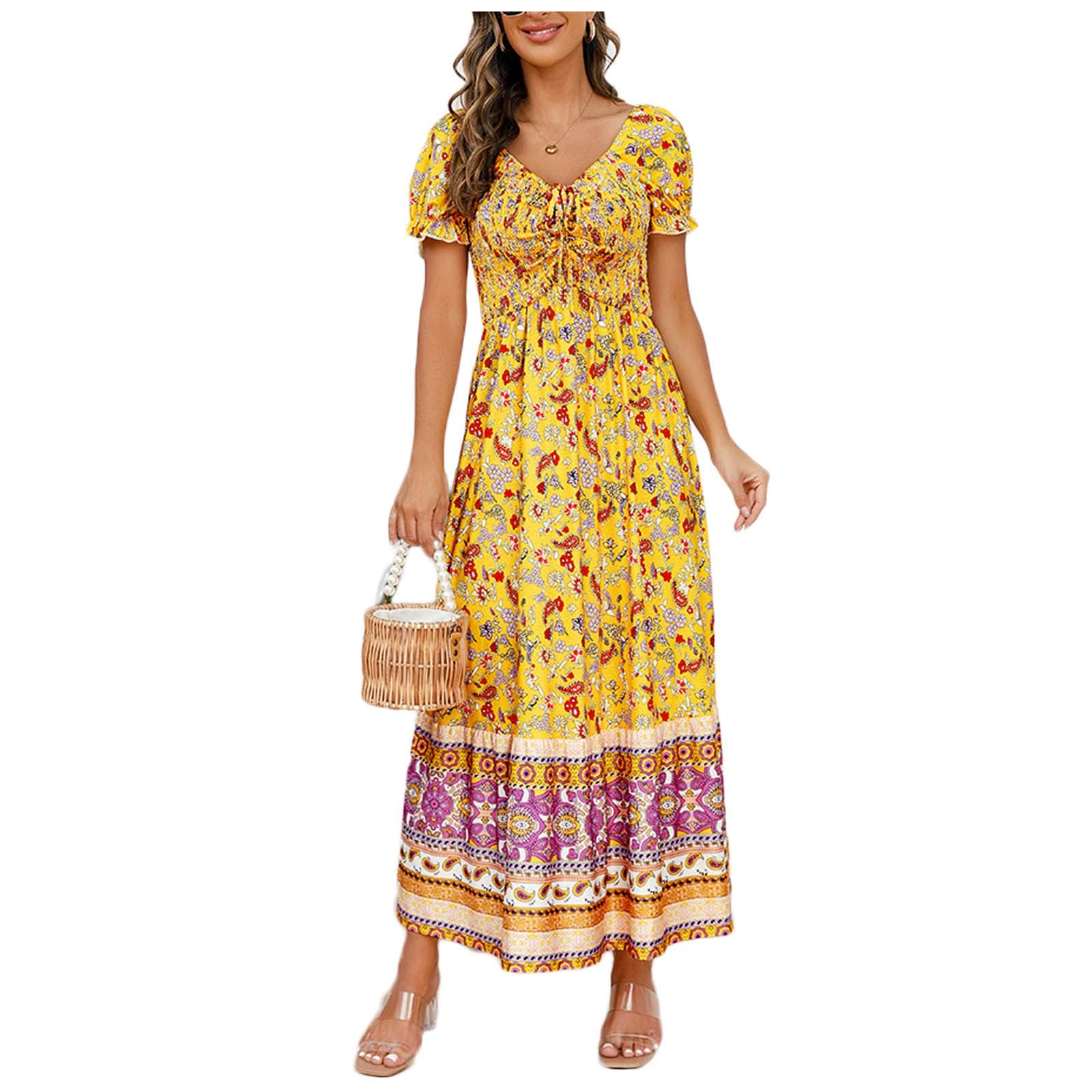 GenericWomen's V Neck Floral Print Pleated Boho Dresses Short Sleeve Retro Hawaii Dresses Basic Swing Dresses Beach Dresses Hawaii Dresses Going Out Dresses For Women