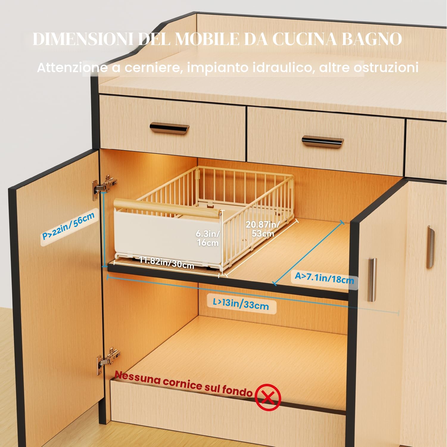 2 cassetti estraibili, cassetti estraibili profondi 53cm per armadi, cassetto estraibile per cucina con pellicola nano adesiva e viti per cucina, bagno, 53cm profondità x 30cm larghezza x 16cm altezza