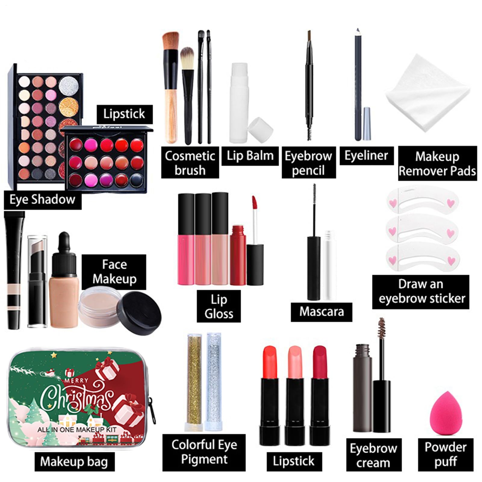 Christmas Makeup Sets Portable Waterproof All Makeup Kit Christmas Set Makeup Bundle Long Lasting Multifunctional Cosmetic Supplies with Storage Box for Girls and Women