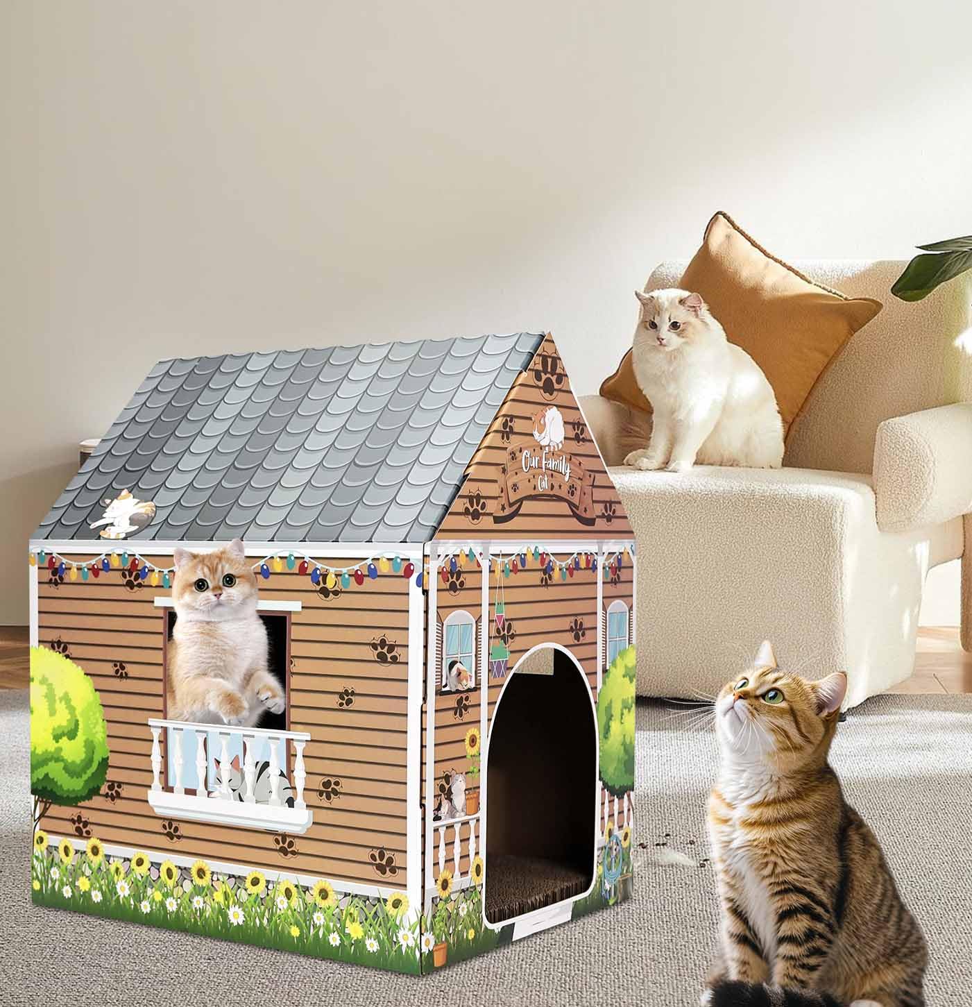 Casetta per gatti in cartone con tiragraffi marrone