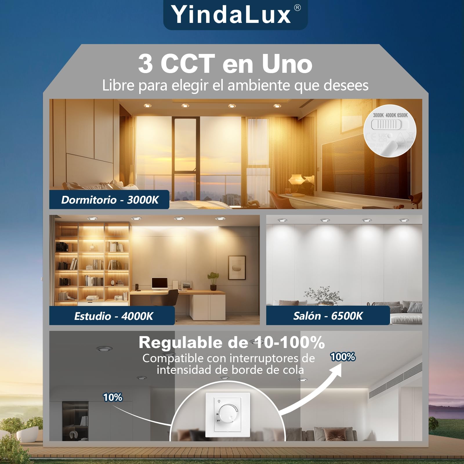 YindaLux 10x 3CCT Módulo LED 230V - 4.9W 500LM 38° ángulo de Haz Para Focos Empotrables - 3000K/4000K/6000K Regulable - Sustituye a la bombilla GU10 MR16 - IP44 Estanca