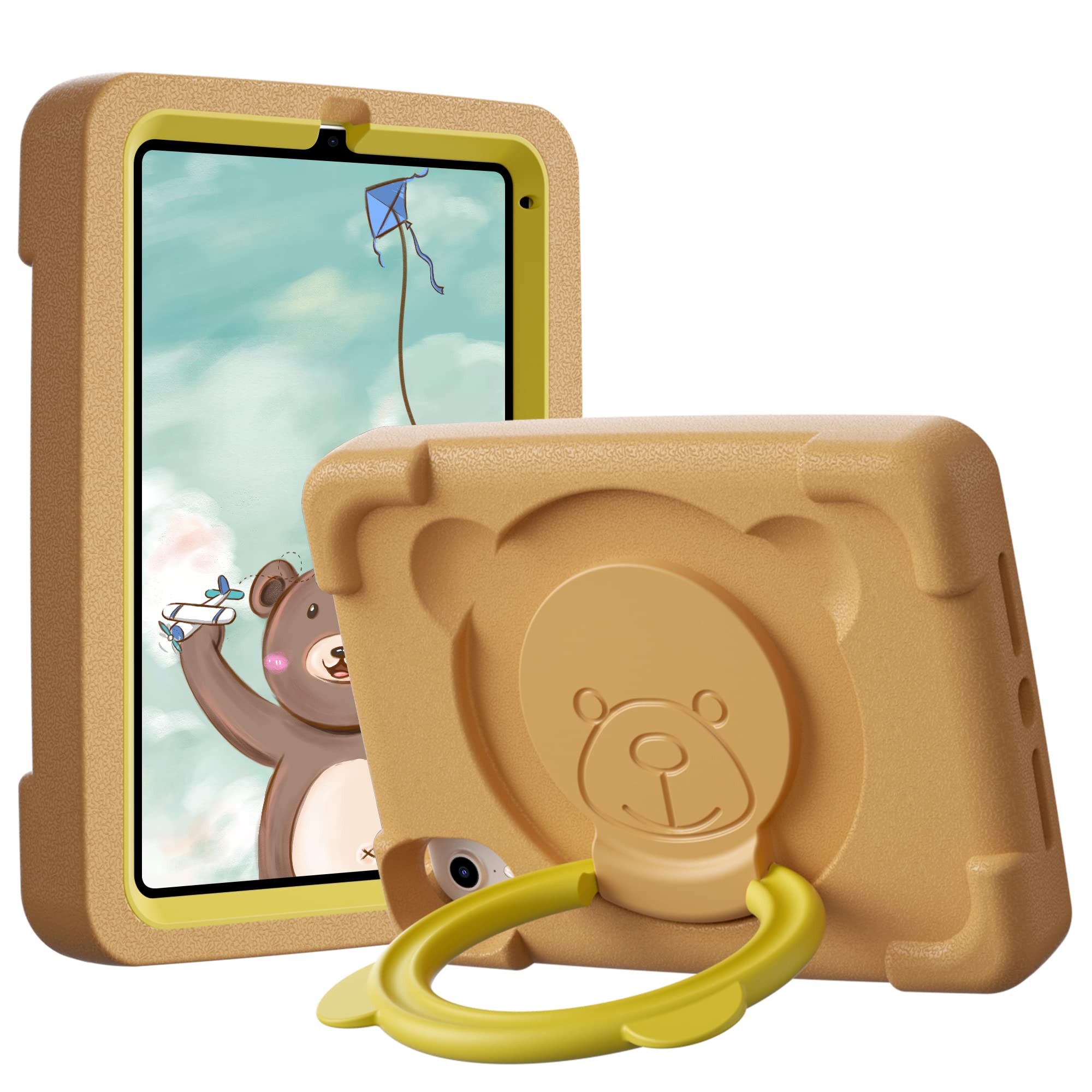 pzoz ipad mini 6 kids case compatible for ipad mini 6th generation 8.3 inch 2021, eva shockproof rotate handle folding stand heavy duty protective cute cover for boys girls (brown)