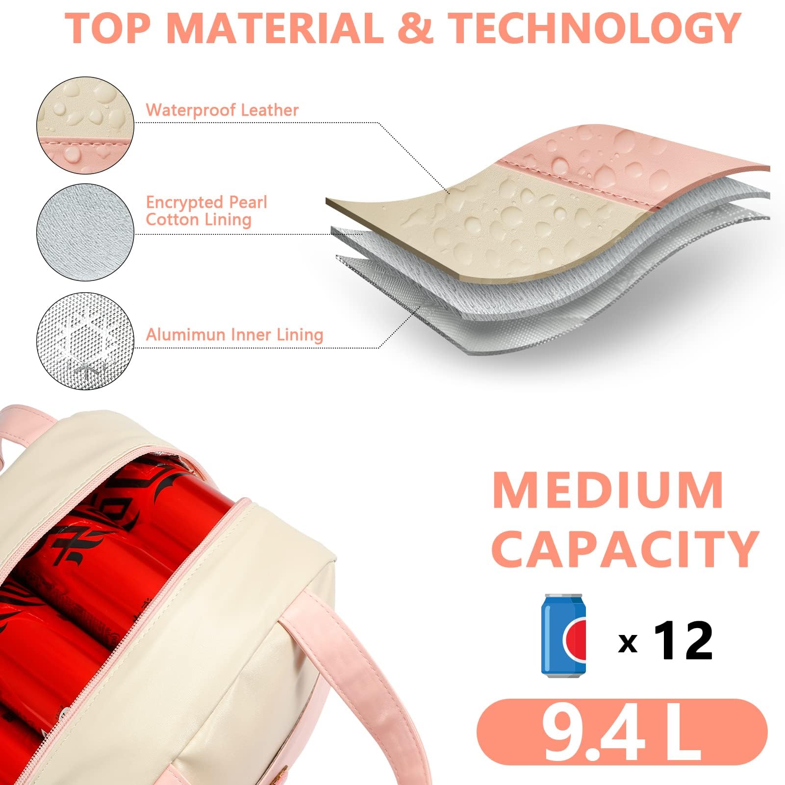 Hirabbi Lunch Bag for Women Large Insulated Lunch Box Reusable Lunch Tote with Preppy Soft Leather Bag for Work School Picnic Travel (White&Pink) - Image 3