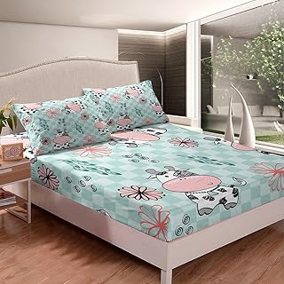 Kids Cartoon Cow Comforter Cover Twin Size Lovely Animal BedÂ Sheets for Boys Girls, Child Cute Pet BeddingÂ Sets Abstract Flowers BeddingÂ DecorÂ Set Green Grid Lattice Backdrop Bedroom Decor