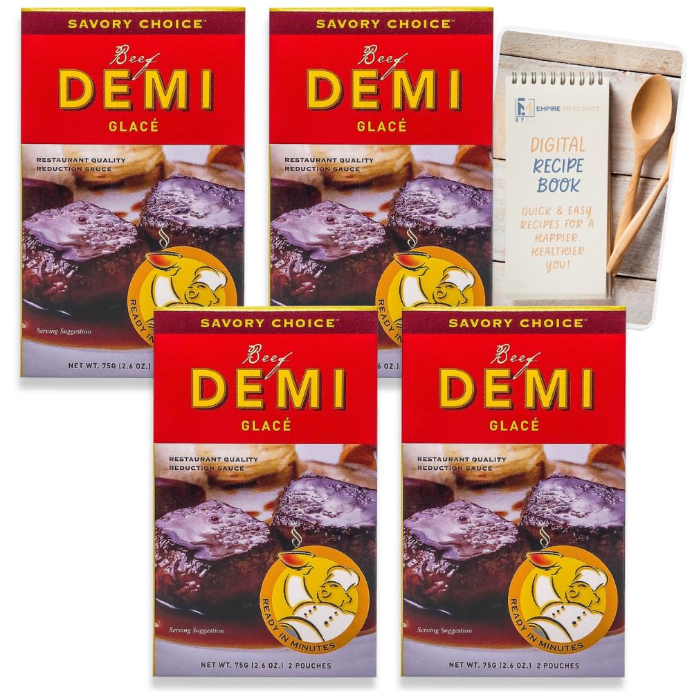 Savory Choice Beef Demi Glace Reduction Sauce Pack of 4 Bundle with Digital Recipe Book - 10.4 oz total Low Calorie, Gluten Free, Clean Label, Restaurant Quality Beef Demi Glace Concentrate Packets