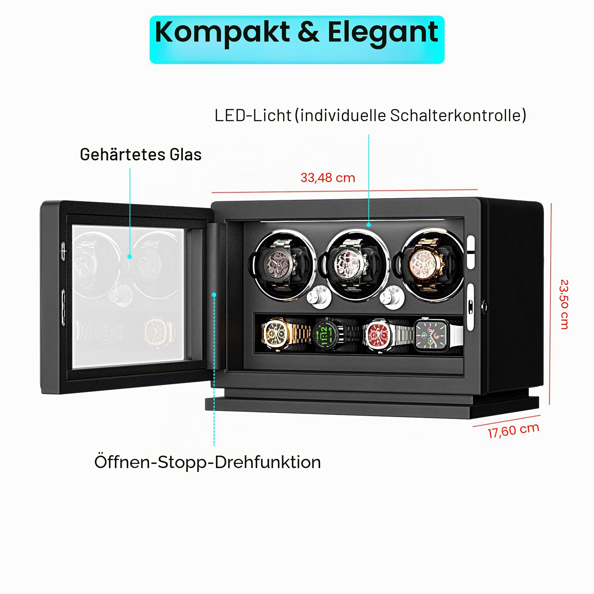 Uhrenbeweger, 2-in-1-Uhrenbeweger mit Schlüsselschloss für 3 Automatikuhren mit 4 Rotationsmodi, Mikrofaserleder, Verstellbarem Uhrenkissen, Leisem Motor und Weißem Licht für Damen & Herren