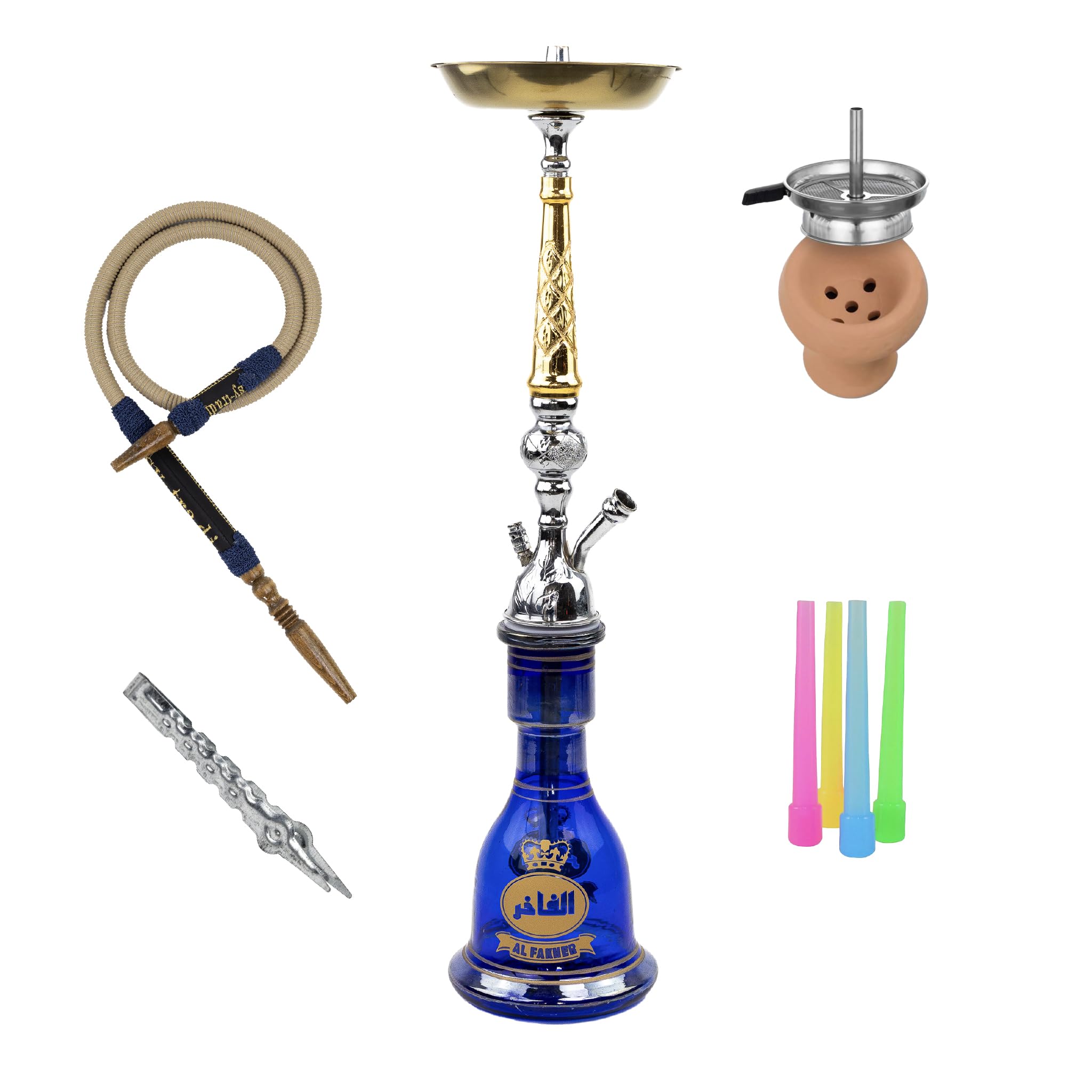 Narghilè Tradizionale Al Fakhir 70 cm con 50 Beccucci Igienici | Shisha in Ottone Dorato e Vetro Blu Decorato – Testa in Argilla, Tubo in Pelle e Accessori Premium