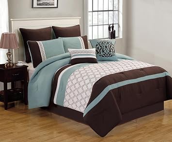 Riverbrook Home Tolbert Comforter Bedding Set, King Size, Blue Brown Ivory Traditional Decor, 8 Pieces