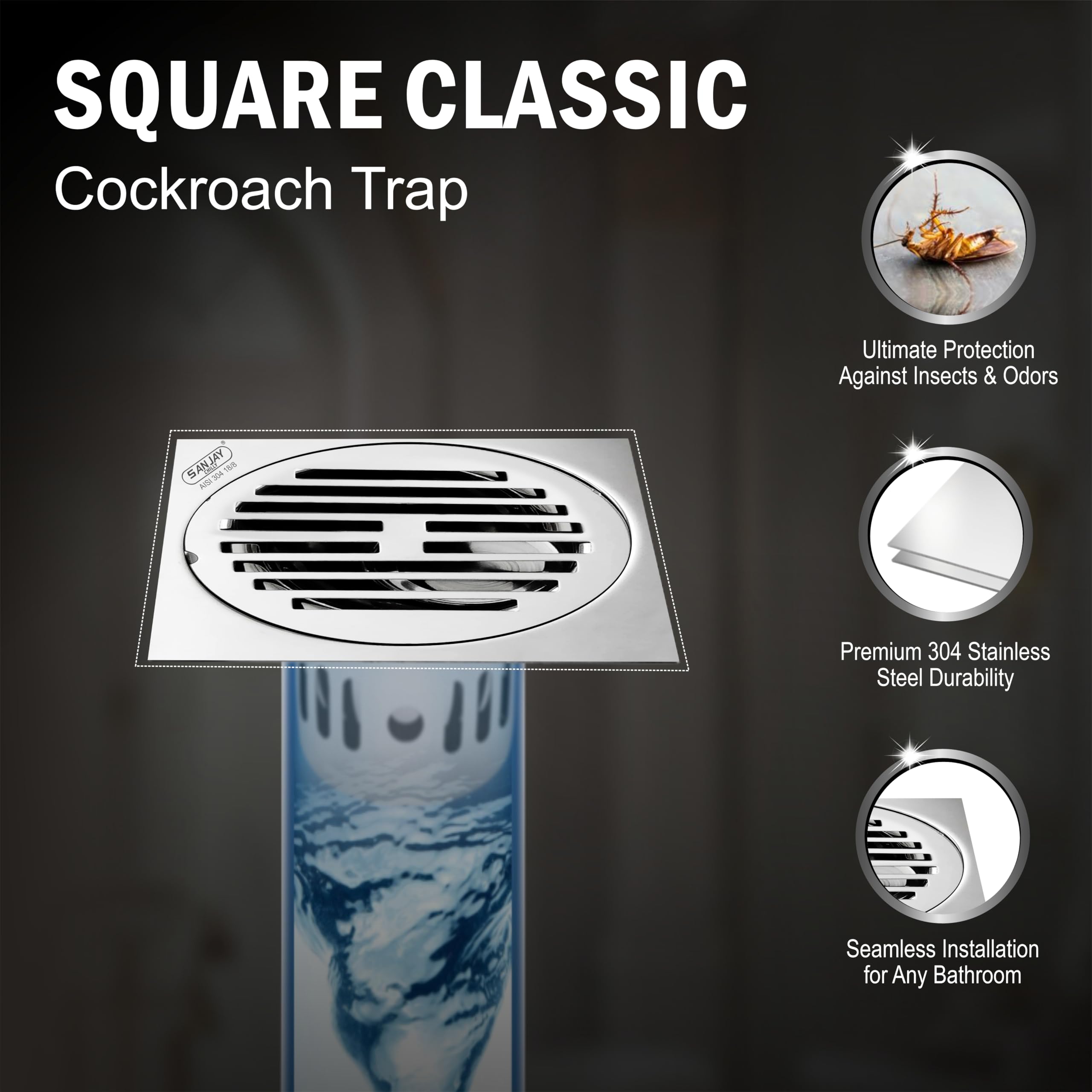Sanjay Chilly Floor Drain with Cockroach Trap 304 Stainless Steel Grade Bathroom Gratings Floor Cover Jali Waste Water Drainer Strainer Washbasin Sink Toilet Anti Odor (Square Classic 5x5 INCH) 3