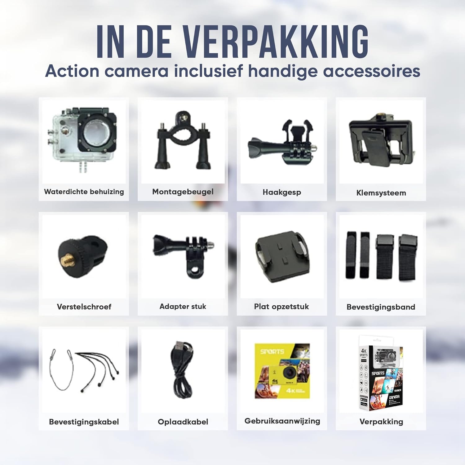 Grid of Strex Action Camera accessories included in the package