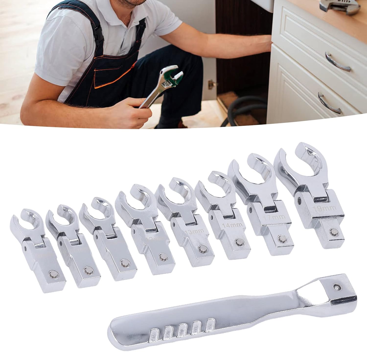 Flex Head Ratcheting Wrench Set, 8 Piece 9-19mm Metric Rotatable Combination Wrench, Professional Chrome Vanadium Steel Heavy Duty Flexible Ratchet Wrench Set Home Car Repair Tools for Tight Areas