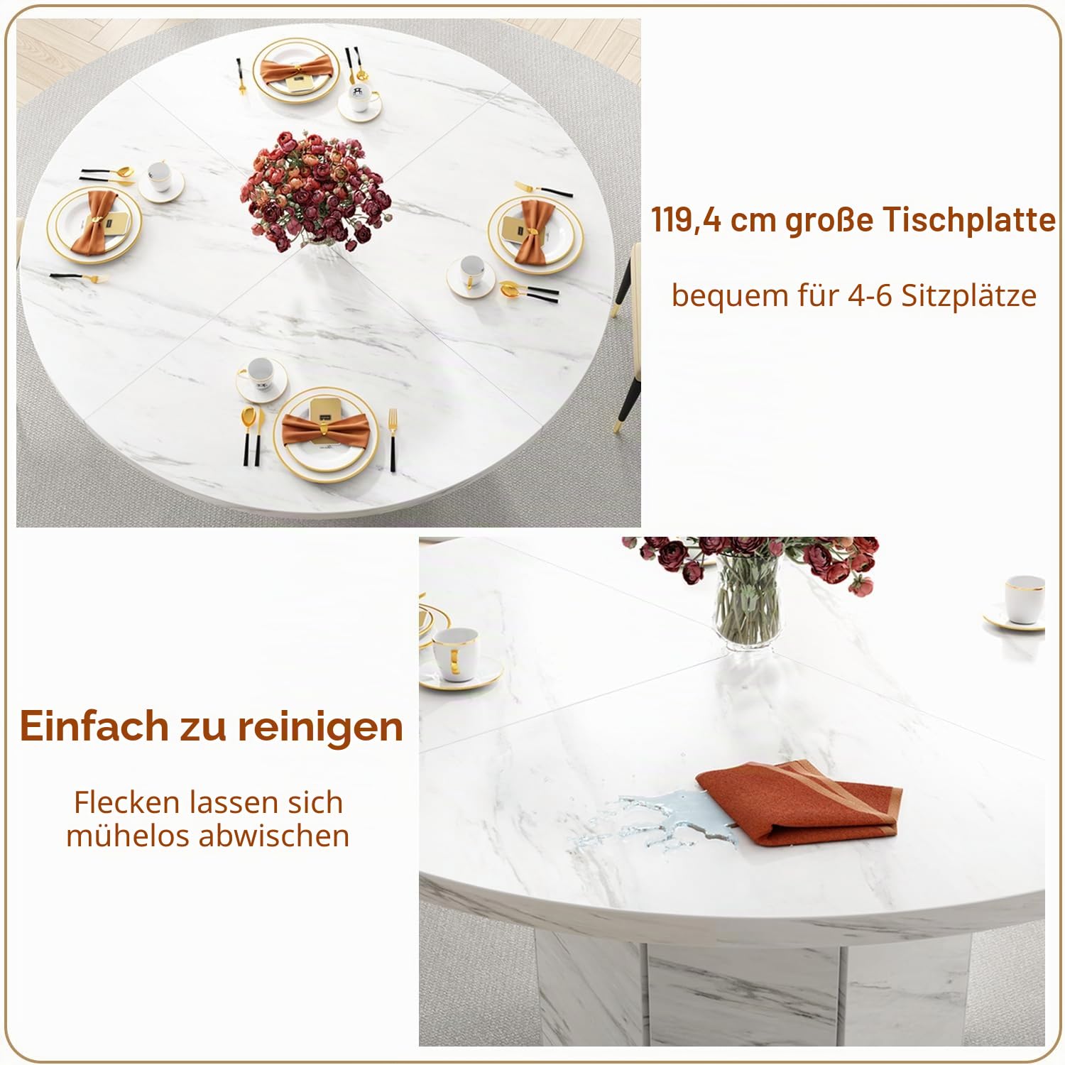 HSH Runder Esstisch Weiß Küchentisch für 4 bis 6 Personen Esszimmertisch Holz mit Marmor Optik Modern Design Tisch mit Achteckiger Basis für Esszimmer Weiß 120 cm