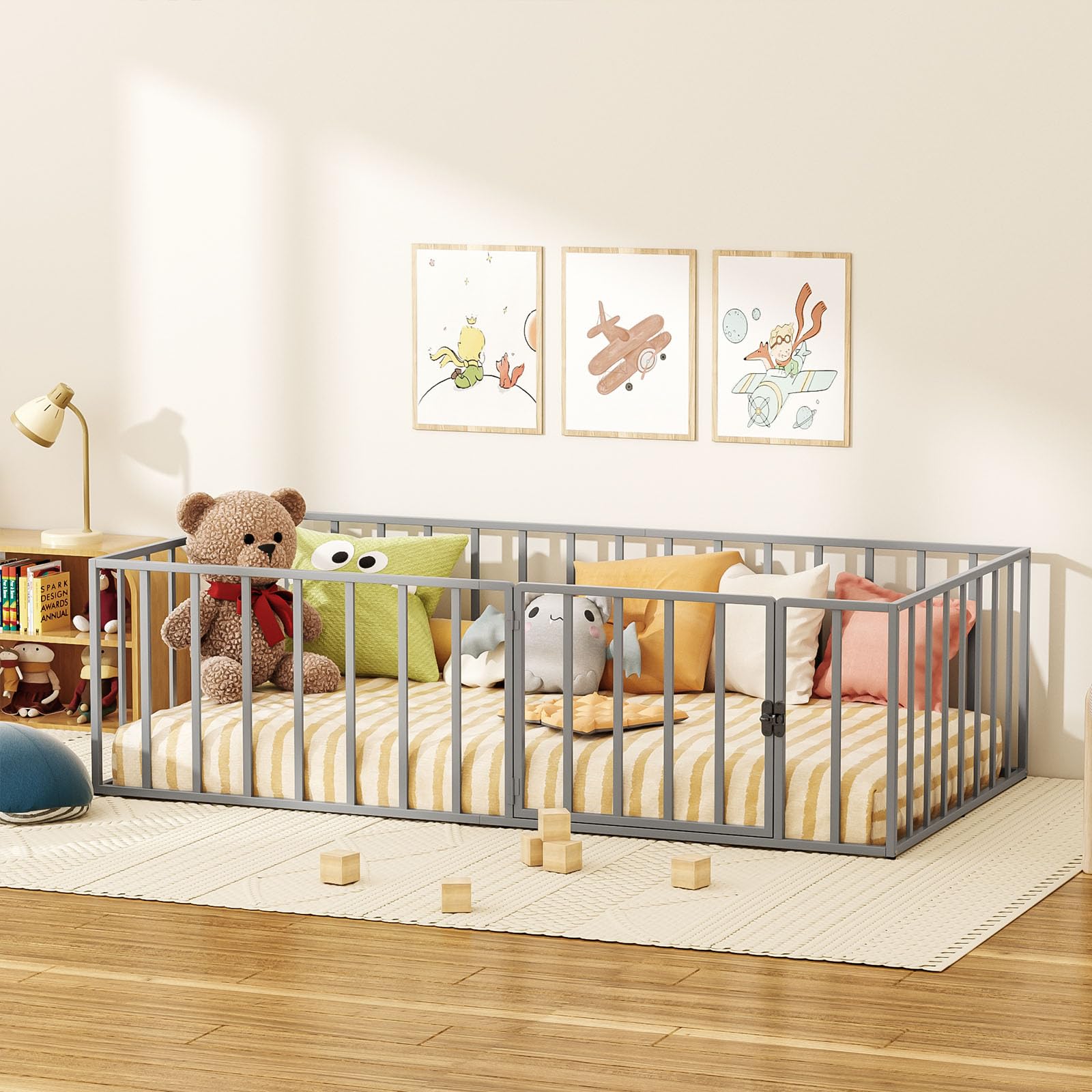 ROOMTEC Montessori Twin Floor Bed Frame Metal 77×41×21 with Fence and Door Easy Assembly for Bedroom Playroom