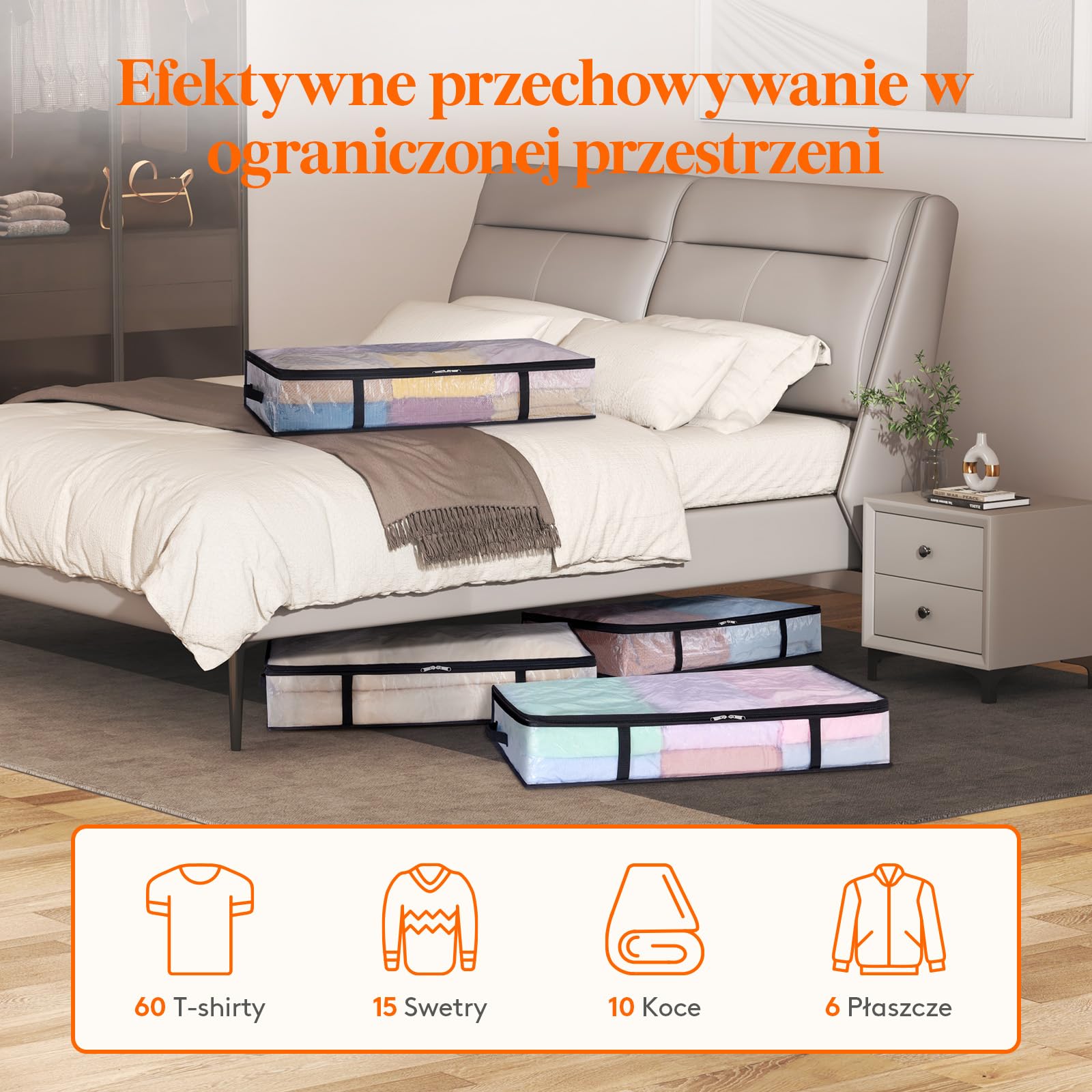 Lifewit Zestaw 4 przezroczystych toreb do przechowywania 60l, składany pojemnik do przechowywania pod łóżkiem z uchwytami, torba do przechowywania odzieży PP, poszwa na kołdrę do przenoszenia, ubrania