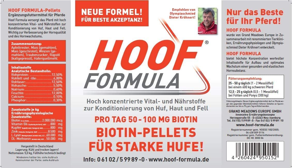 Biotin für Pferde - Zusatz-Futter für Pferde mit Zink, Vitamin B6, Lysin - 2,5kg Eimer Hoof Formula für ca. 100 Tage - Biotin-Pellets für Starke Hufe - Ergänzungsfutter für Pferde (2,5 Kg)