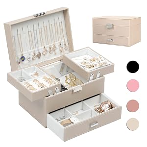 Dajasan Jewelry Organizer Box Large Jewelry Boxes for Women Girls Compact 3 Layers Jewelry Storage Case with Drawer