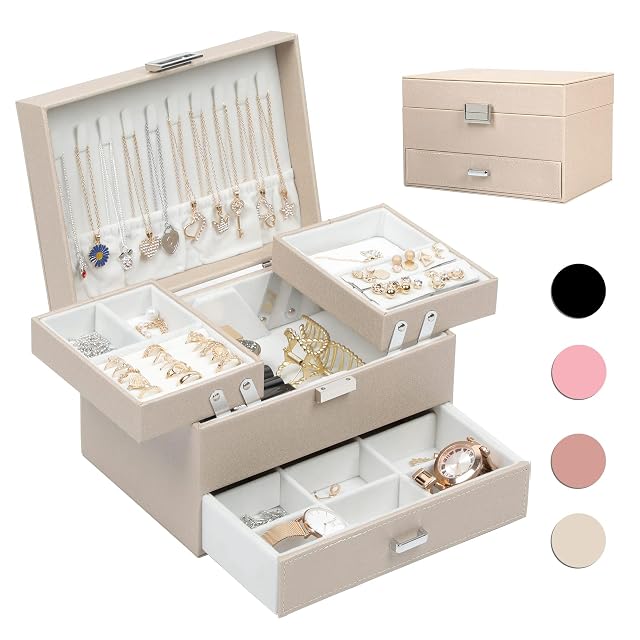 Dajasan Jewelry Organizer Box Large Jewelry Boxes for Women Girls Compact 3 Layers Jewelry Storage Case with Drawer