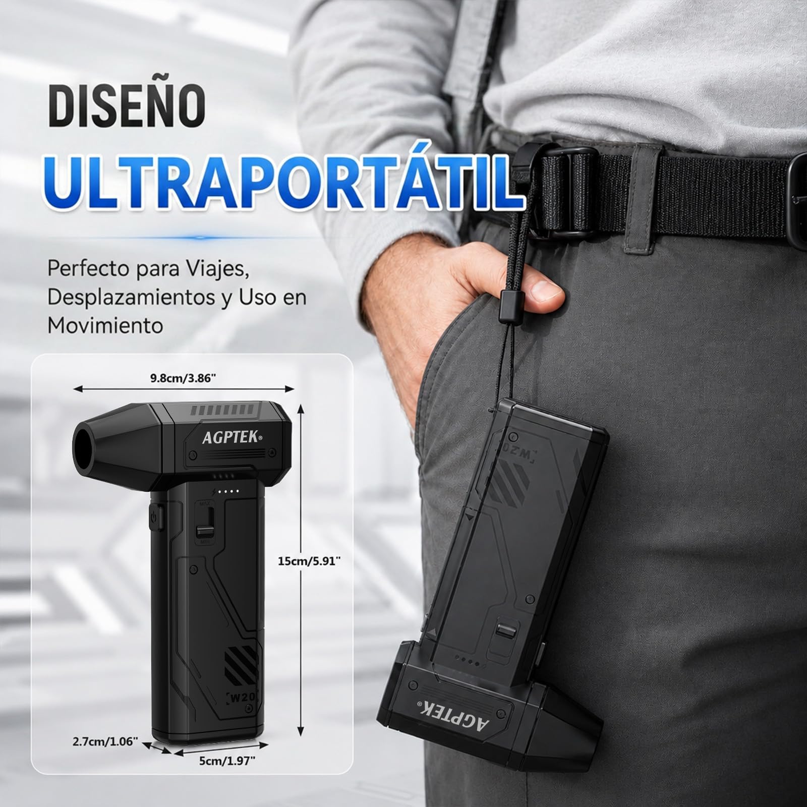 AGPTEK Soplador de Aire Inalámbrico 260000 RPM, Motor sin Escobillas | 3 Velocidades Ajustables, para Limpiar Teclado, PC, Coche y Hogar, 8000 mAh Recargable con LED, Portátil, Potente y Eficiente