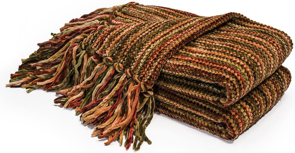 Thick Fluffy Chenille Knitted Throw Blanket with Decorative Fringe and Striped for Couch Cover Sofa Chair Bed Gift Multi