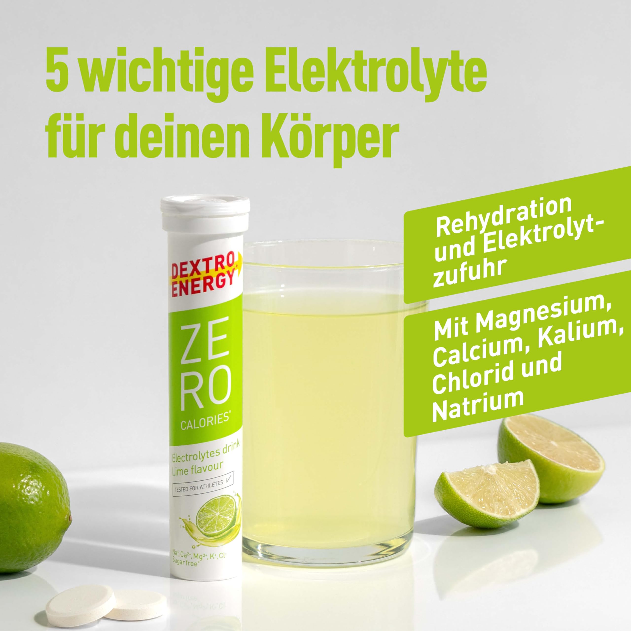 Dextro Energy Zero Calories Elektrolyte ohne Zucker Lime - 12x20 Brausetabletten (12er Pack) - Zusatz von Natrium, Magnesium, Chlorid, Calcium und Kalium für Elektrolyt Getränke