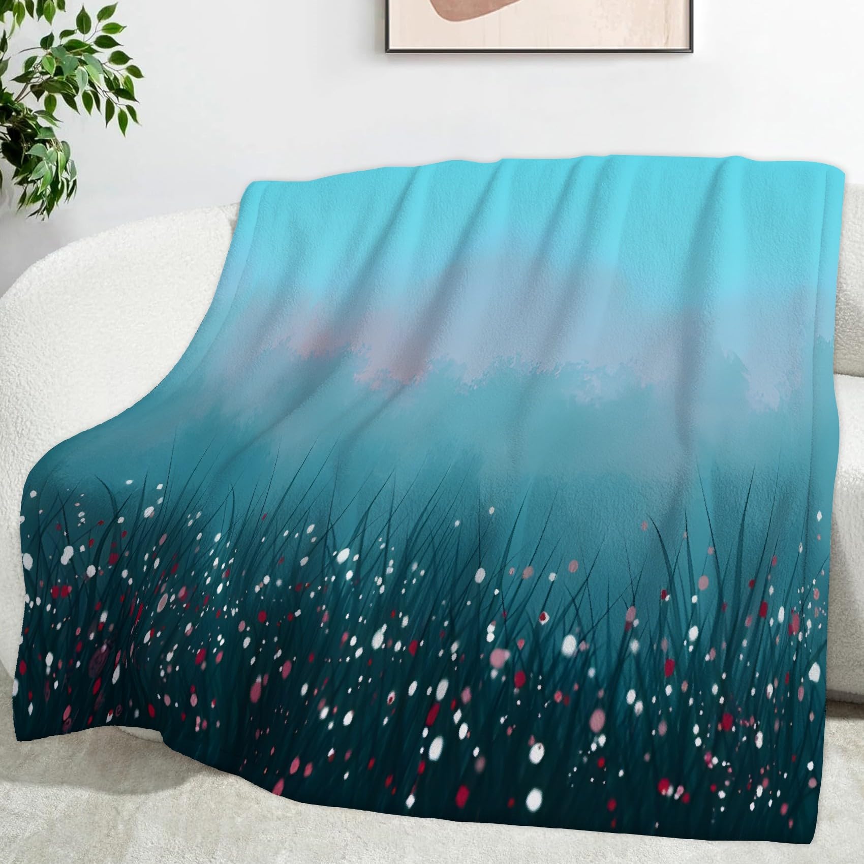 Ypthriline Misty Flower Field Blanket, Watercolor Style Microfiber Flannel Throw Blanket, Comfortable Soft Fluffy and Warm, Blankets for Beds, Sofas and Recliners, 220×240 CM