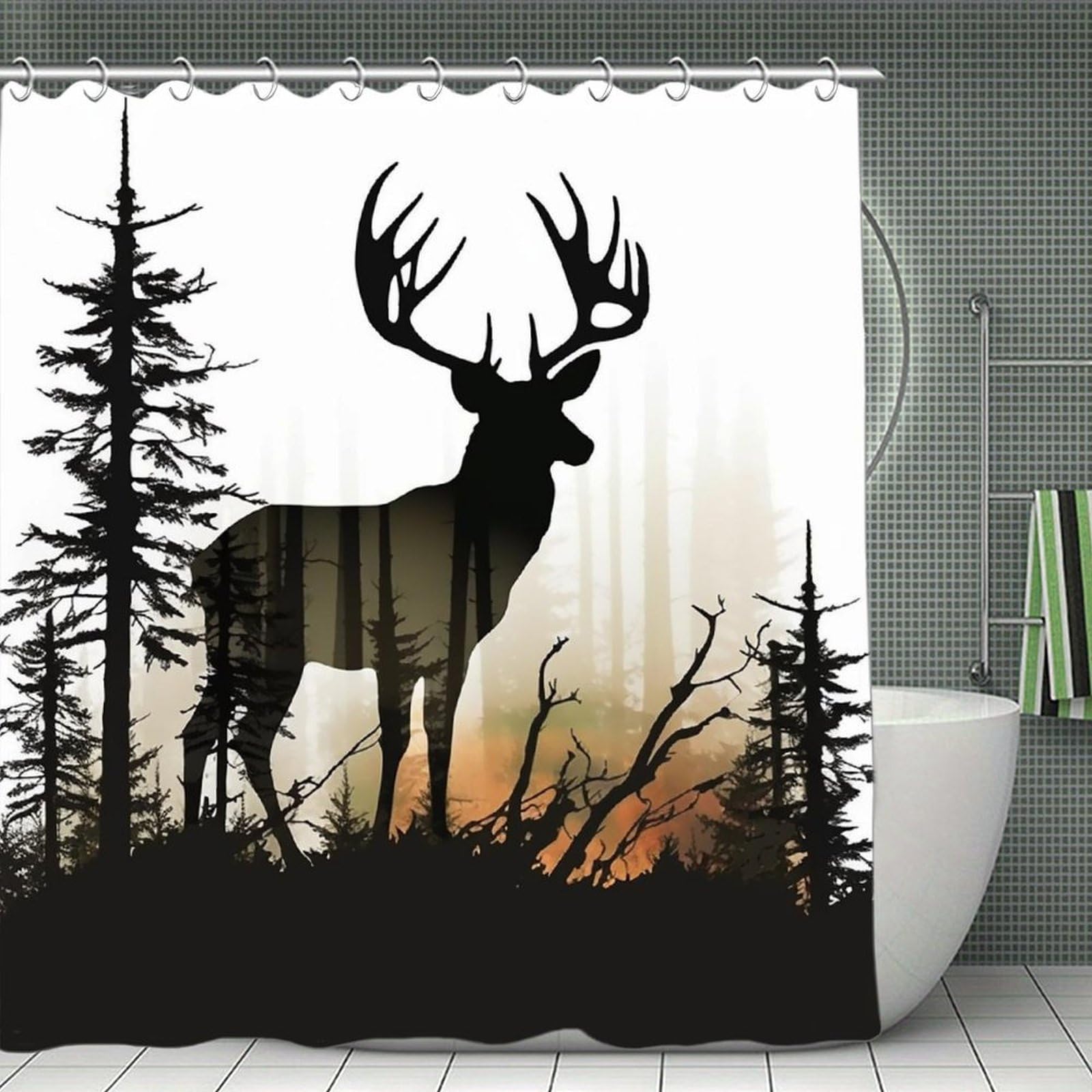 QMNLKH Deer Silhouette Shower Curtain with Hooks, Waterproof Bath Curtains for Bathroom, Lightweight Bath Curtains Liner for Hotel, Personalized Bath Curtain for Spa, 70.8 Inch