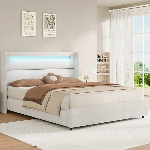 HOMBCK Queen Size Bed Frame with Headboard and LED Lights, Boucle Upholstered Platform Bed with Wingback Design, Modern Soft Bed Frame, No Box Spring Needed, Easy Assembly, Beige