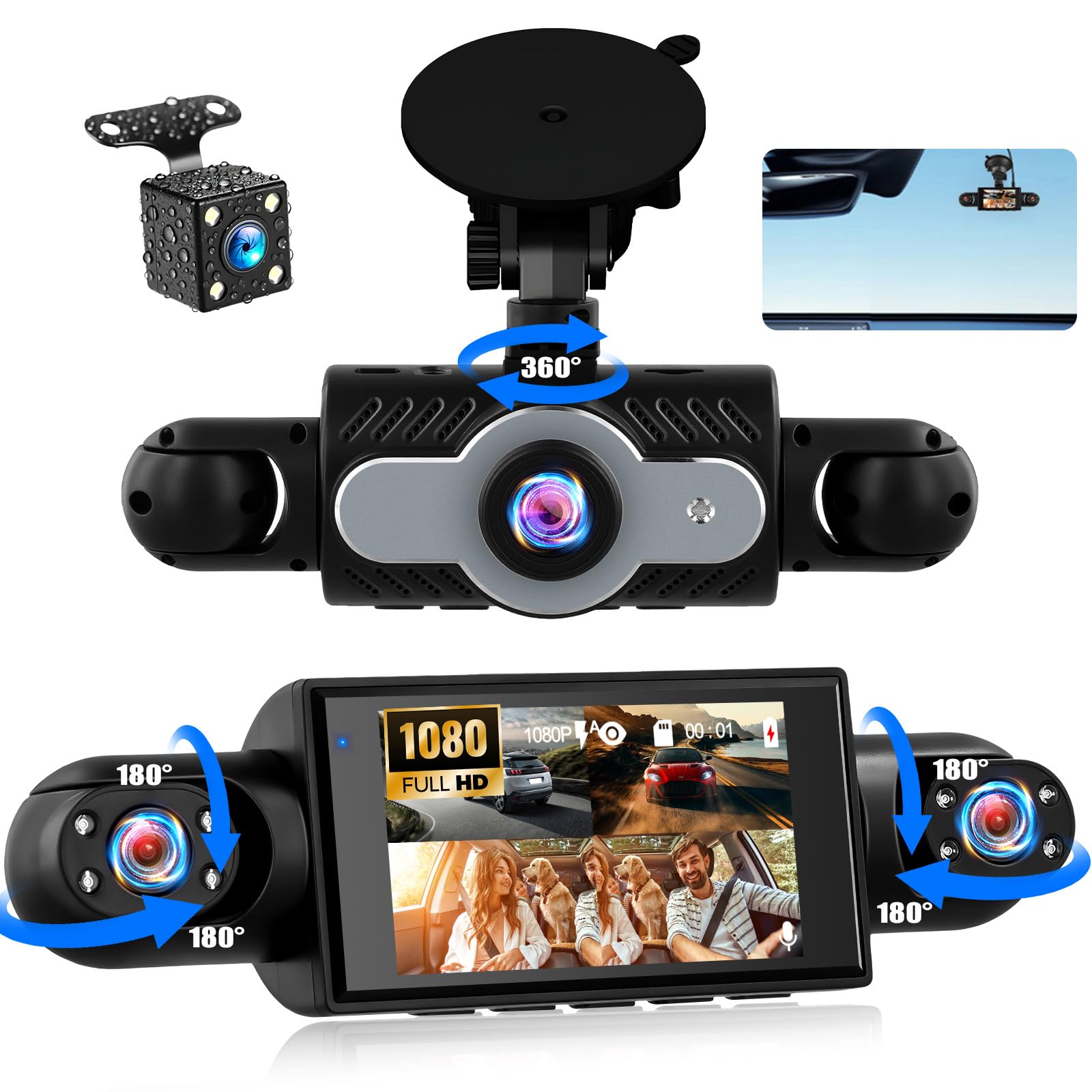 SIXTOP 4 Cámaras Dashcam con Visión Envolvente 360° DVR para Coche Pantalla Full HD 1080P 3 Pulgadas, Detección de Movimiento, Grabación en Bucle Asistencia de Marcha Atrás para Coche/Camión