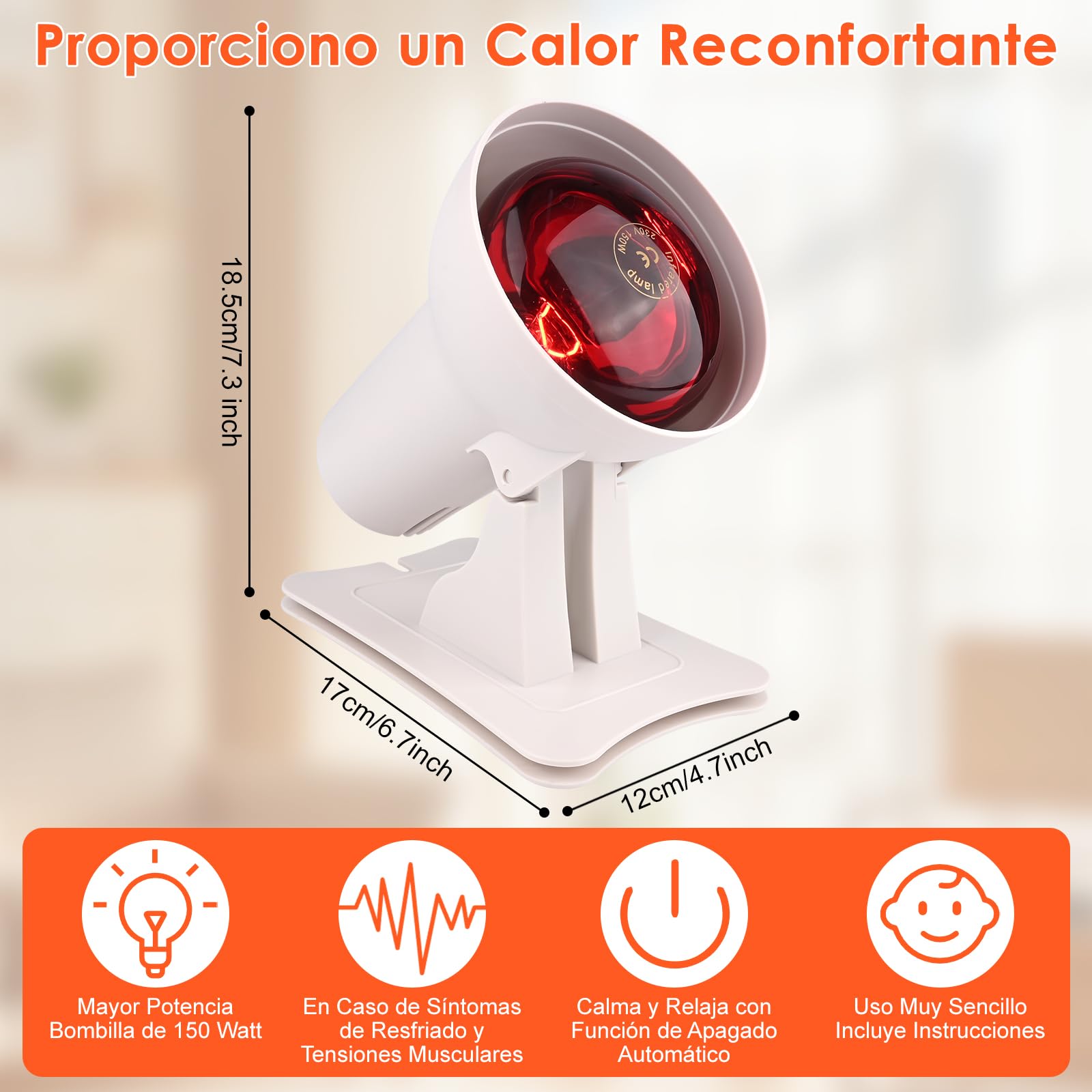 Lámpara Infrarroja 150W con 4 Niveles de Temperatura y 3 Temporizadores, Ángulo Ajustable, Calor Profundo Contra la Fatiga Muscular, Luz Roja Terapia para el Rostro y el Cuerpo
