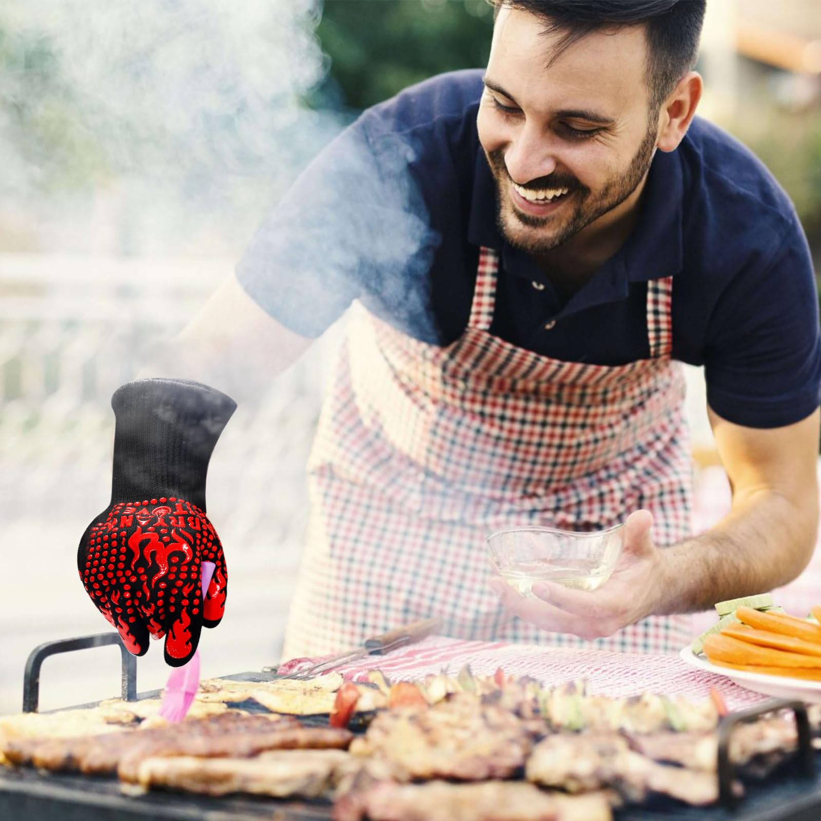Guantes de barbacoa, ideales para exteriores, guantes de cocina, resistentes al calor, hasta 800.0 °C, muñeca extendida para mayor seguridad, guantes de horno/cocina para horno, mujeres/hombres, papá