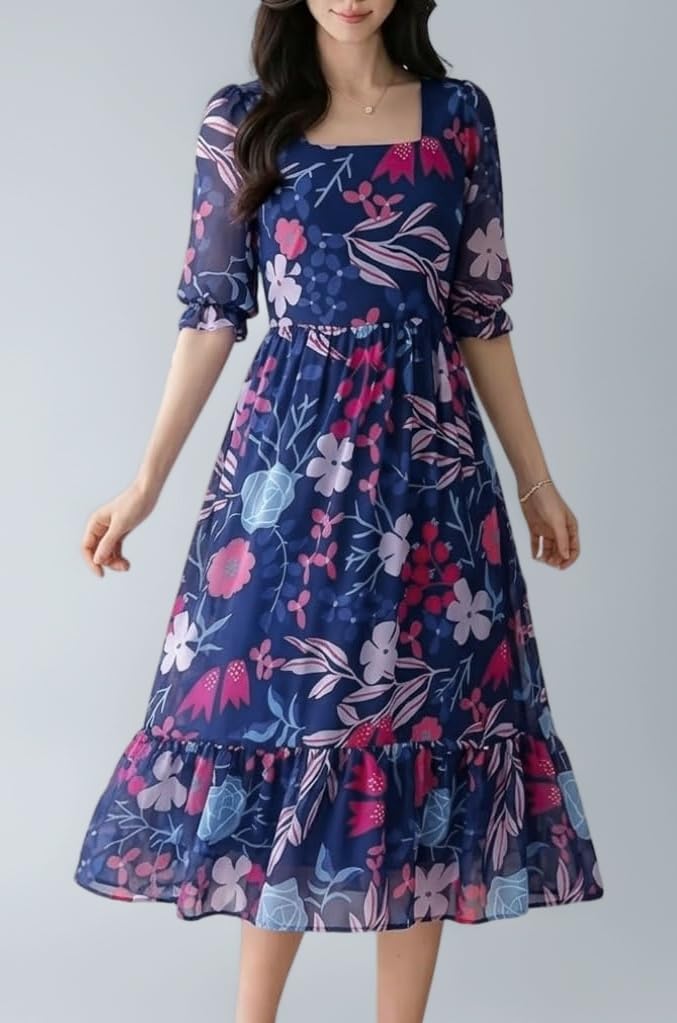 Women's Georgette Floral Printed Western Gown || Half Sleeve V Neck Fit & Flare Flared Hem Design || A-Line Maxi Dress Casual Wear