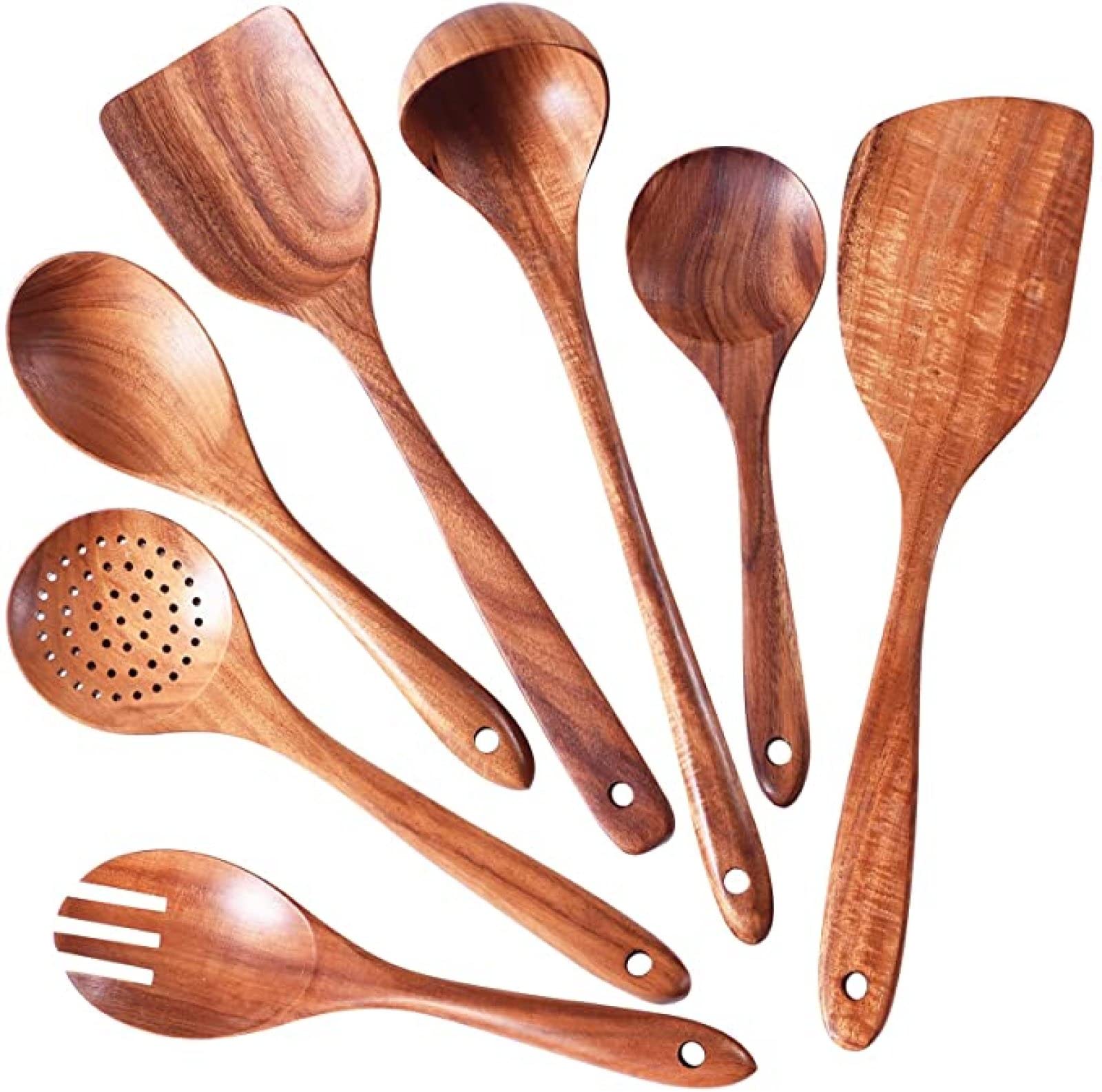 Kochutensilien-Set aus Holz, Küchenutensilien-Set, natürliches Teakholz, Kochutensilien für antihaftbeschichtete Pfanne, 7-teilig