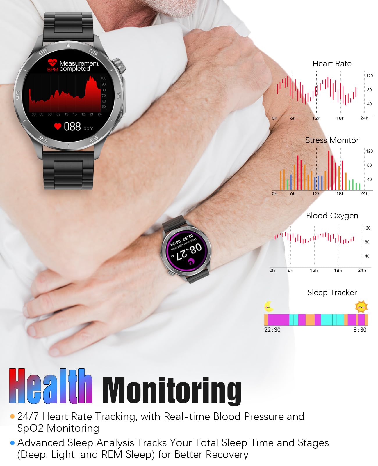 Montre intelligente homme GPS sport écran HD 1,54" étanchéité IP67 appel/miss call moniteur fréquence cardiaque suivi sommeil fitness Android