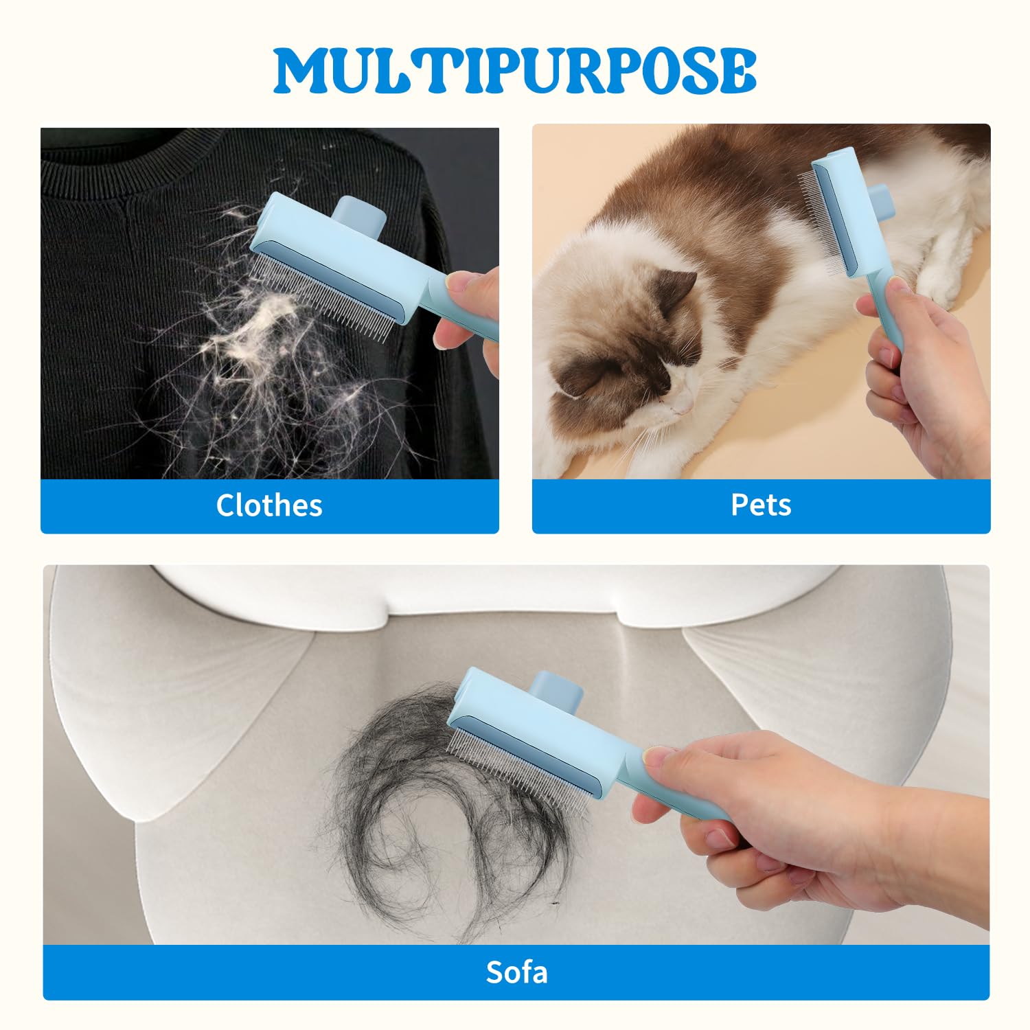 Peine para eliminar el pelo de mascotas, cepillo de aseo para gatos con botón de liberación, para masajear y limpiar el pelo de las mascotas, cepillo para gatos de pelo corto y largo (azul + verde)