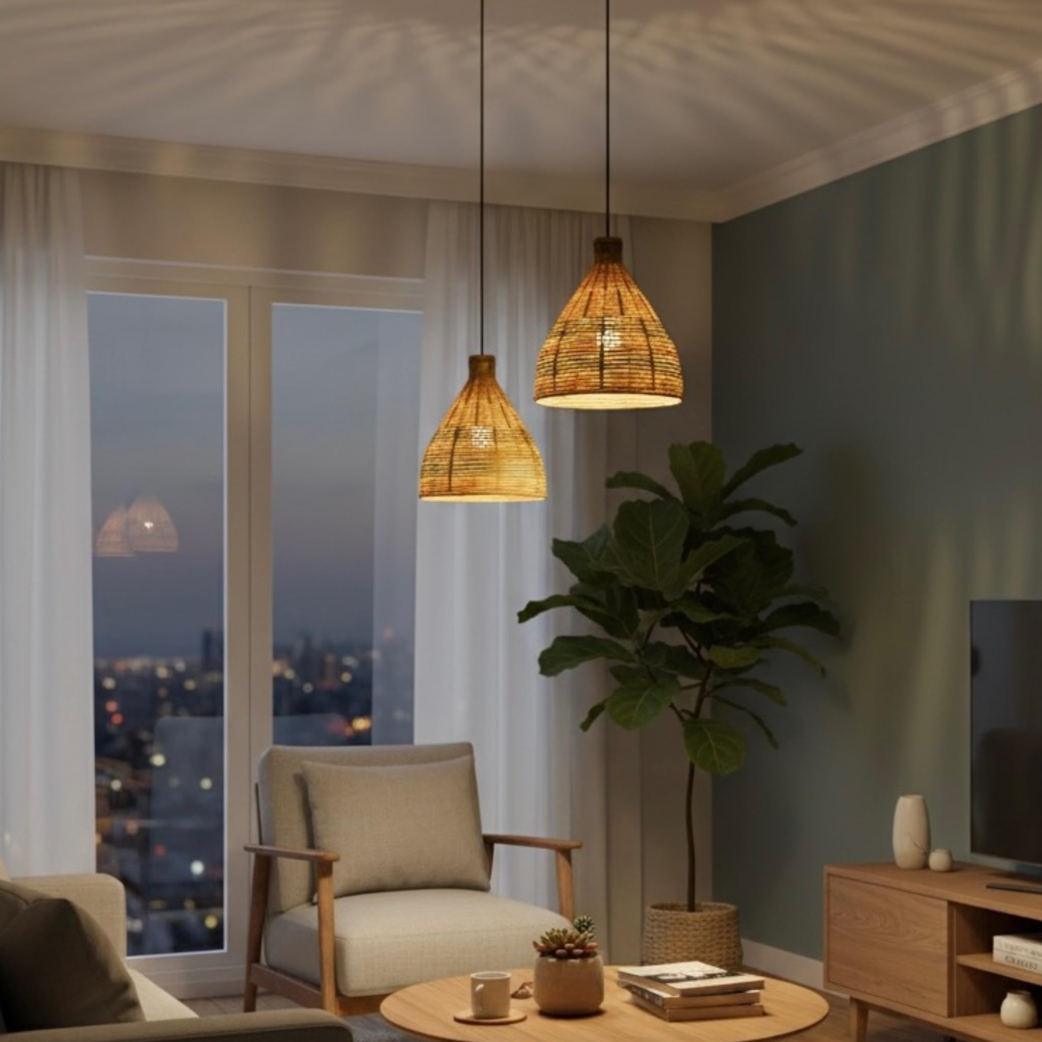 Handmade Hanging Bamboo Cane Lamp for Interior Decor hanging lamps, with Wire & Holder - Natural Beige (Set of 2)