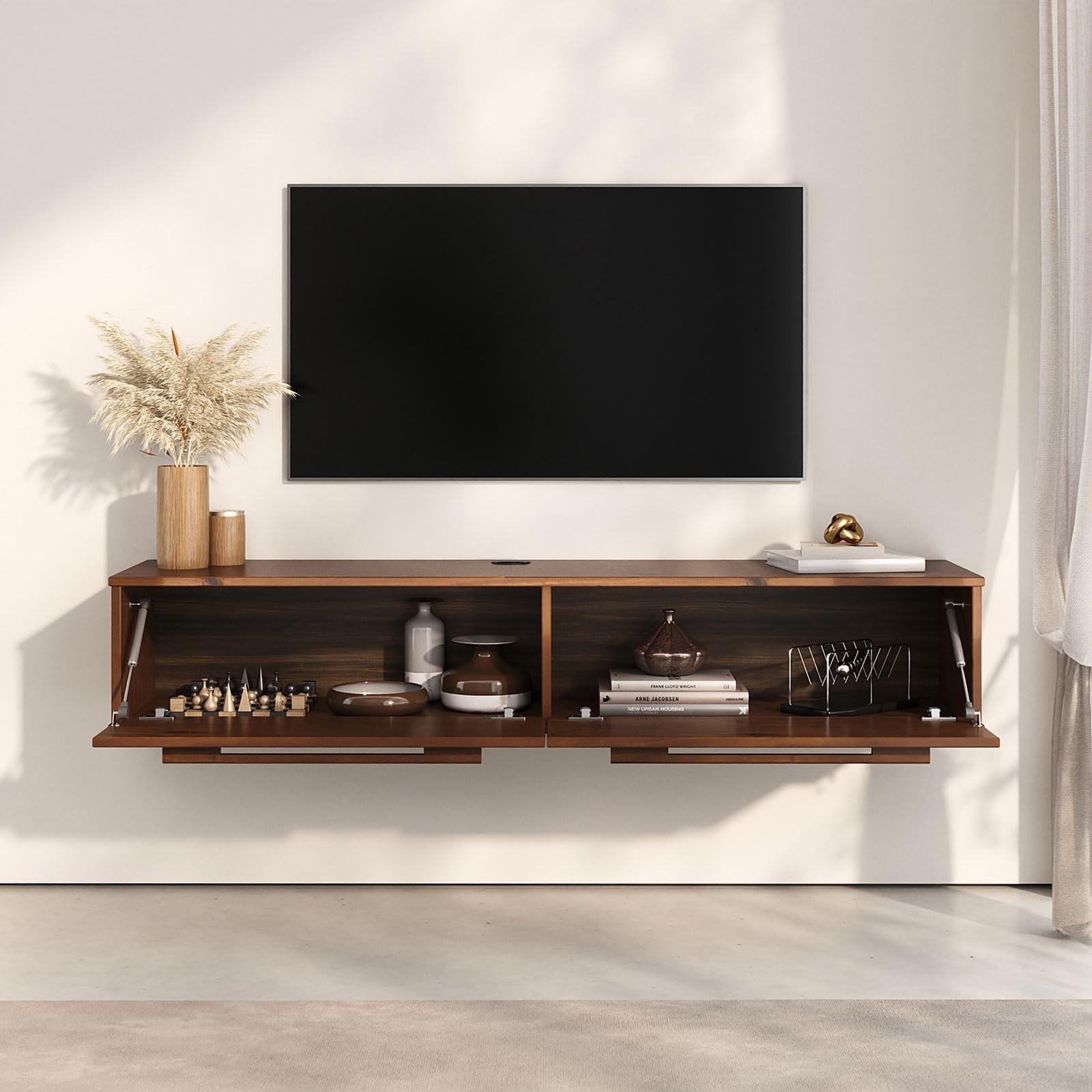 IDIMEX Lowboard TECCA 145 cm mit 2 Türen, Kastanie Finish – hängendes TV Board aus massivem Kiefernholz, modernes Design mit Klappenbeschlägen, platzsparend für Wohnzimmer & Flur