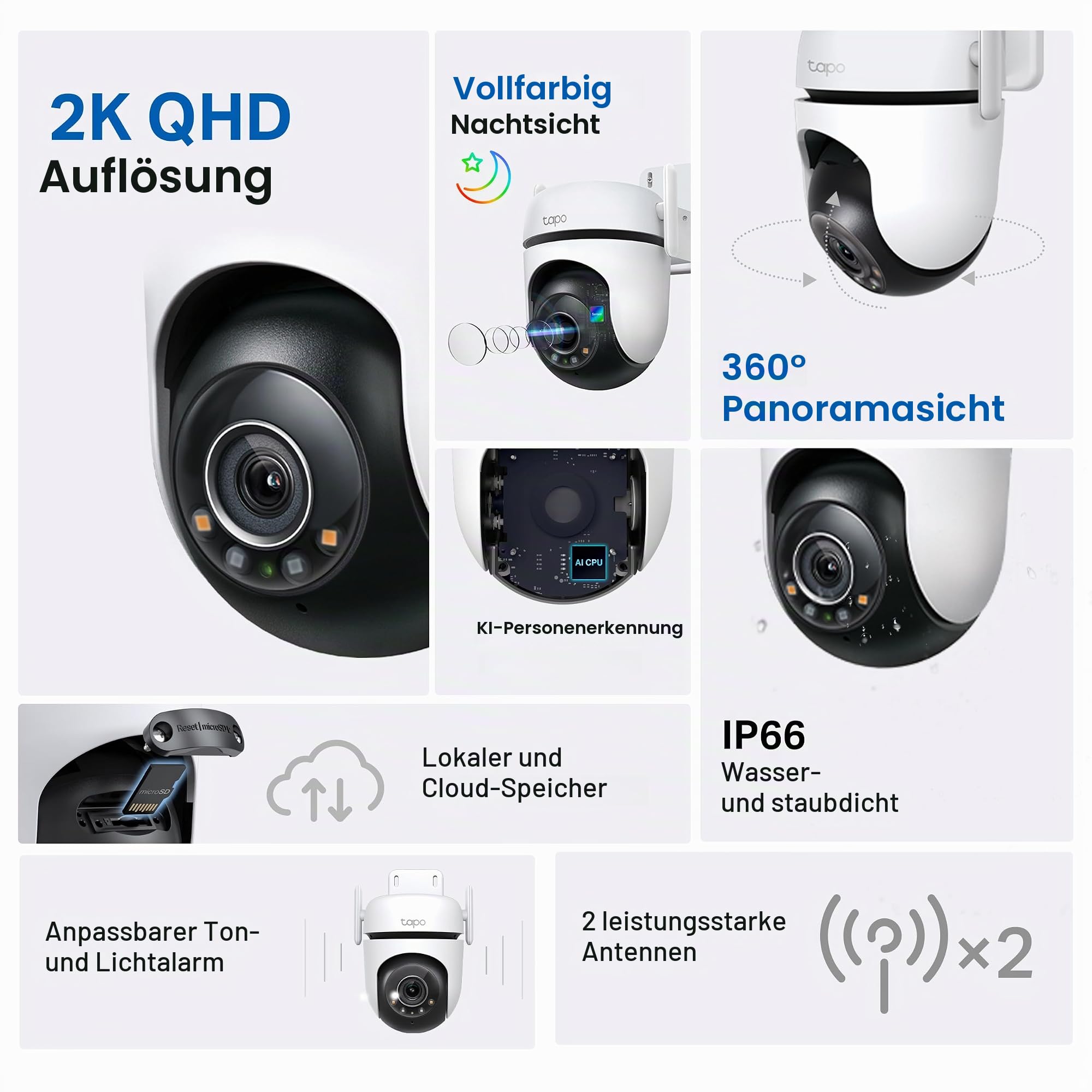 Tapo C52A 360° Überwachungskamera Außen, 2K 4MP, Starlight Farbe Nachtsicht, KI-Erkennung, Bewegungsverfolgung, WLAN oder Ethernet, microSD-Karte bis zu 512 GB (Packung mit 2)