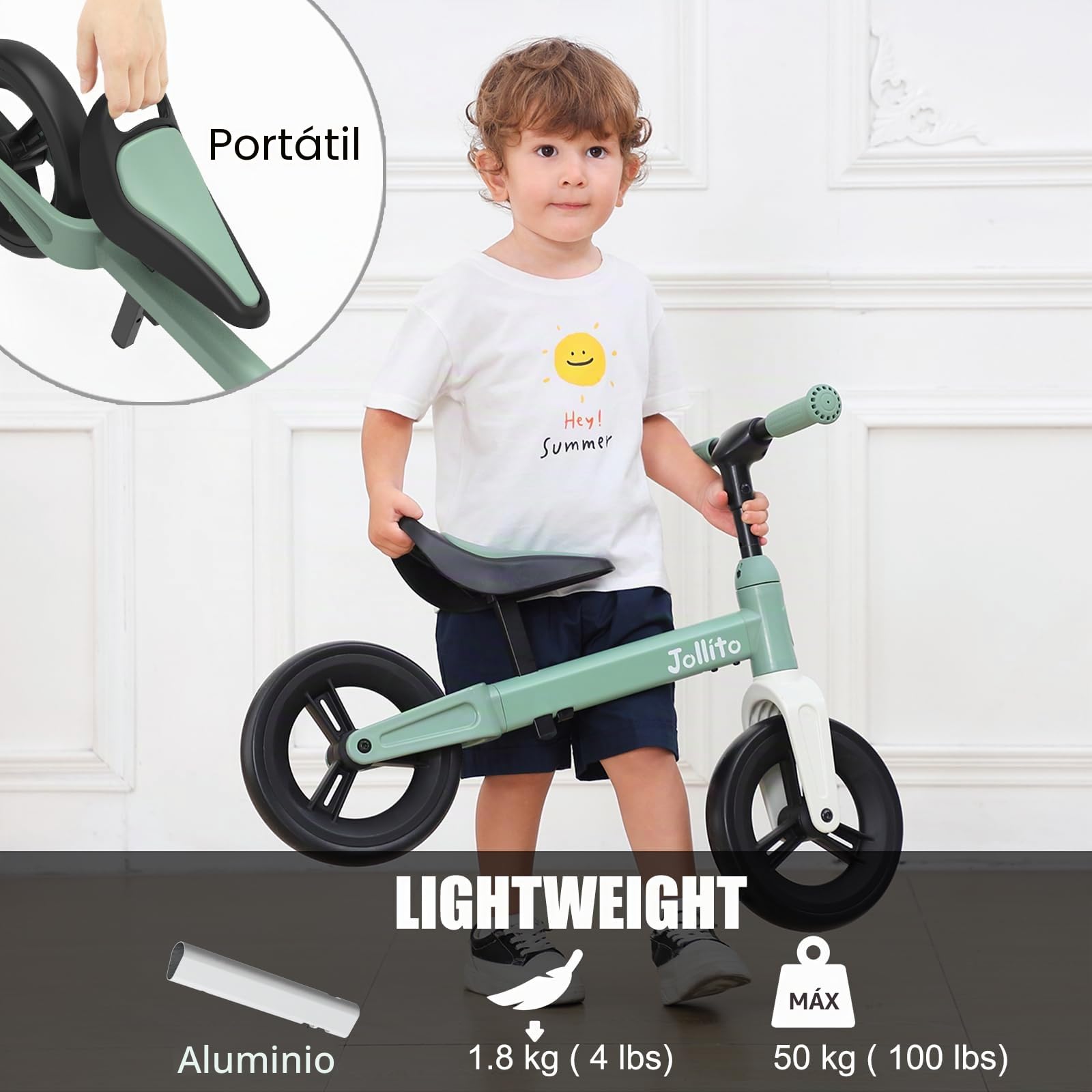 JOLLITO Bicicleta de Equilibrio para niños pequeños, Juguetes de Paseo para 18 Meses, Bicicleta de Entrenamiento Ligera sin Pedales con Rueda de 9 Pulgadas y Marco de Aluminio
