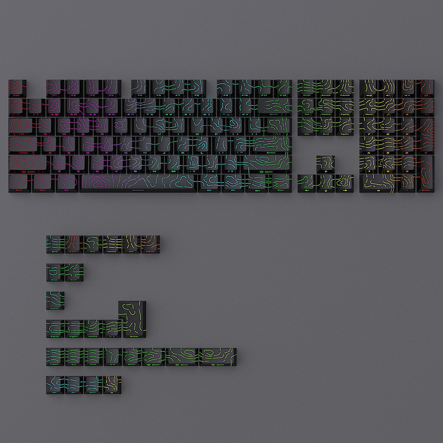 Glacier Contour Lines Keycaps Cherry Profile PBT Double Shot Side Print for Mechanical Keyboards Compatible with 60% 65% 75% 80% 96% 100% Layouts (Black Contour Lines)