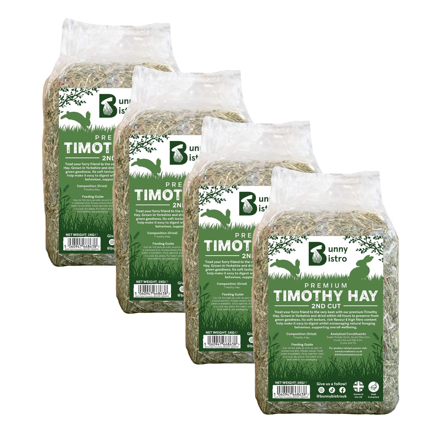 Bunny Bistro Premium Super Soft Timothy Hay 2nd Cut 4kg | Natural UK Grown Feeding Hay for Rabbits, Guinea Pigs & Small Animals, High in Fibre, Dental Care, Dust Extracted, Eco-friendly