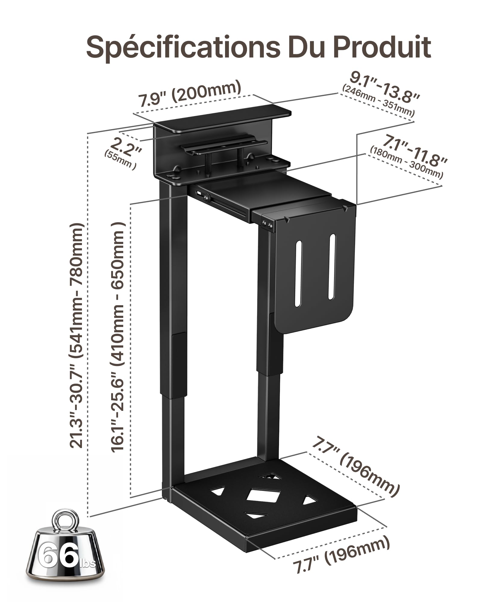 monTEK Support PC Robuste de 30 kg à Monter sous Bureau, sans perçage, Noir | support PC réglable avec coussin de protection, hauteur de 16,1 à 25,6 pouces, parfait pour bureau, maison, salle de classe
